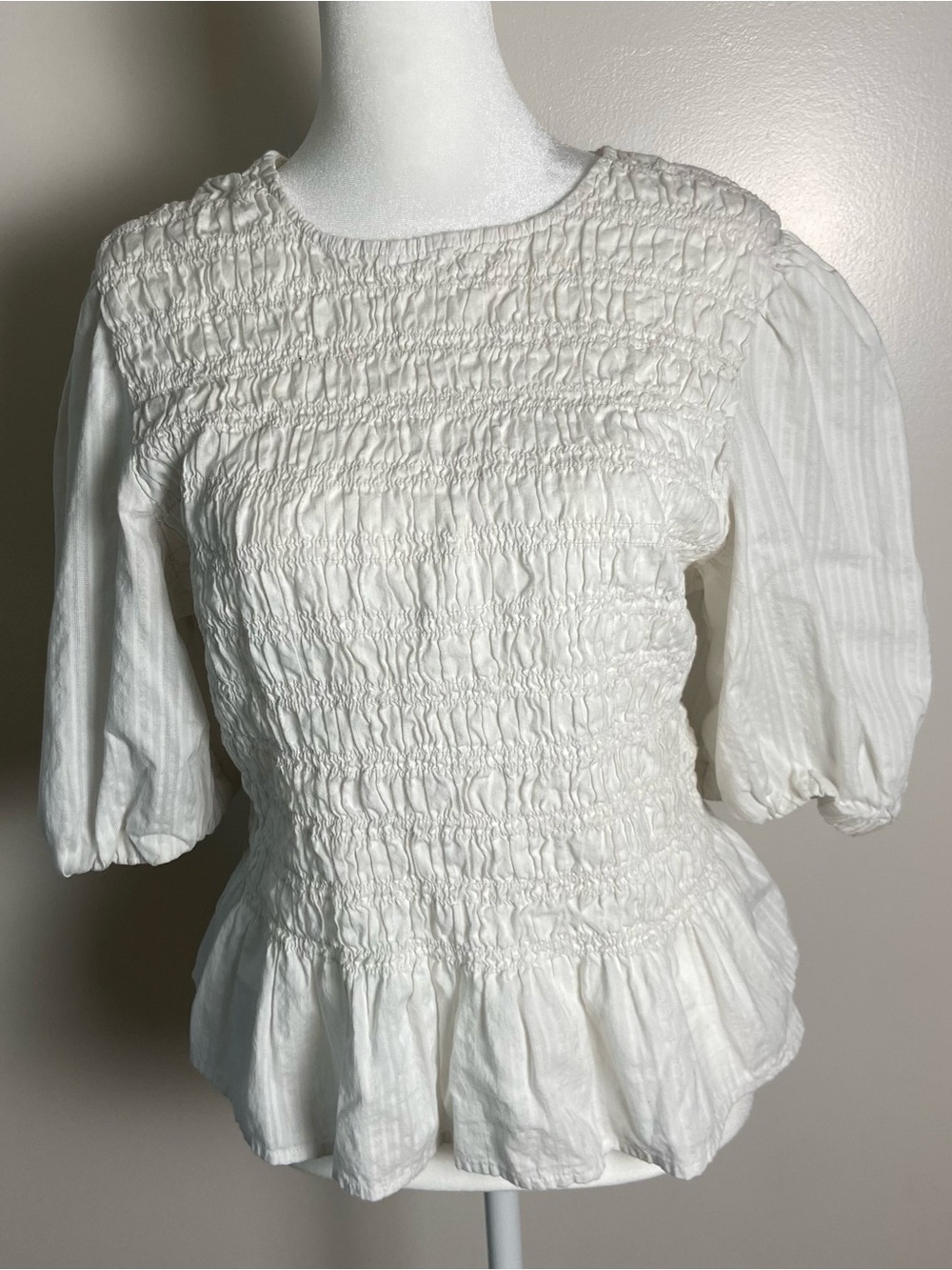 Old Navy White Smocked Peplum Blouse with Puff Sleeves